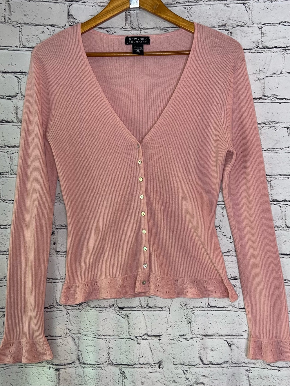 New York & Co. Pink Ribbed Lightweight Cardigan Sweater Flared Sleeves Coquette
